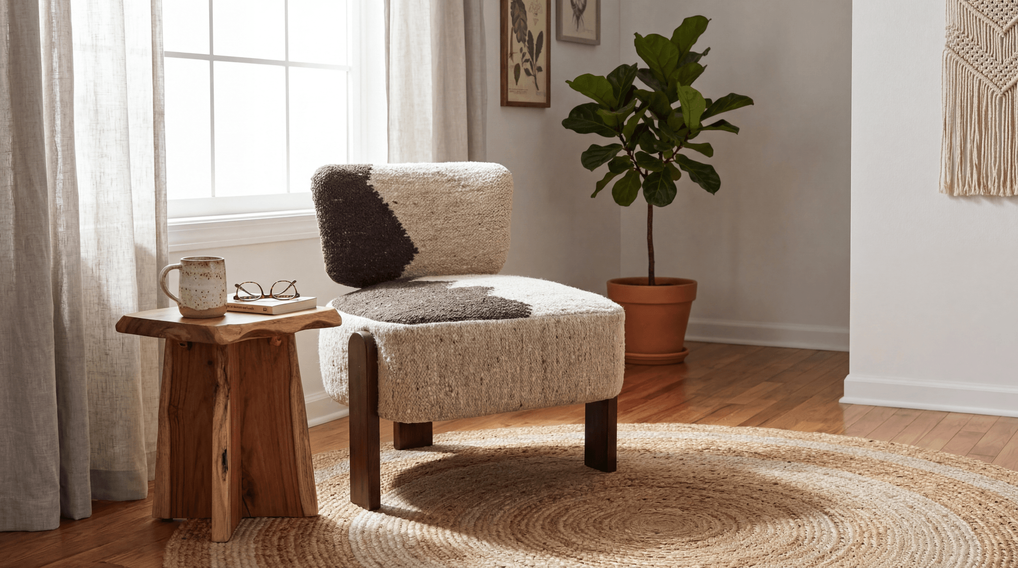 Ivory upholstered swivel accent chair with burl wood arms in an elegant living room with abstract art, arc floor lamp, and marble side table