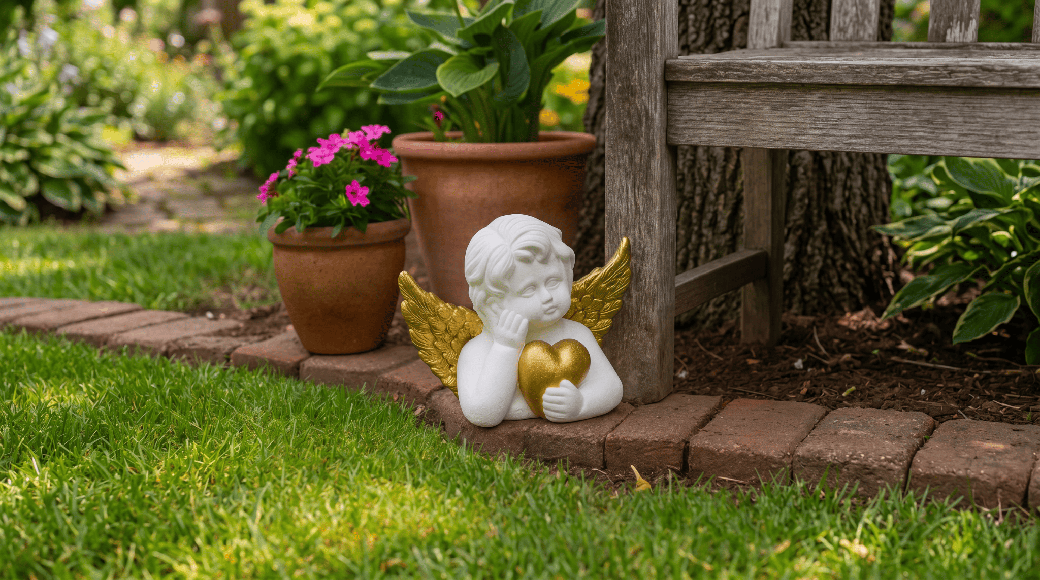 Carsonley white and gold cherub garden statue holding a heart beside terracotta pots in a flower bed
