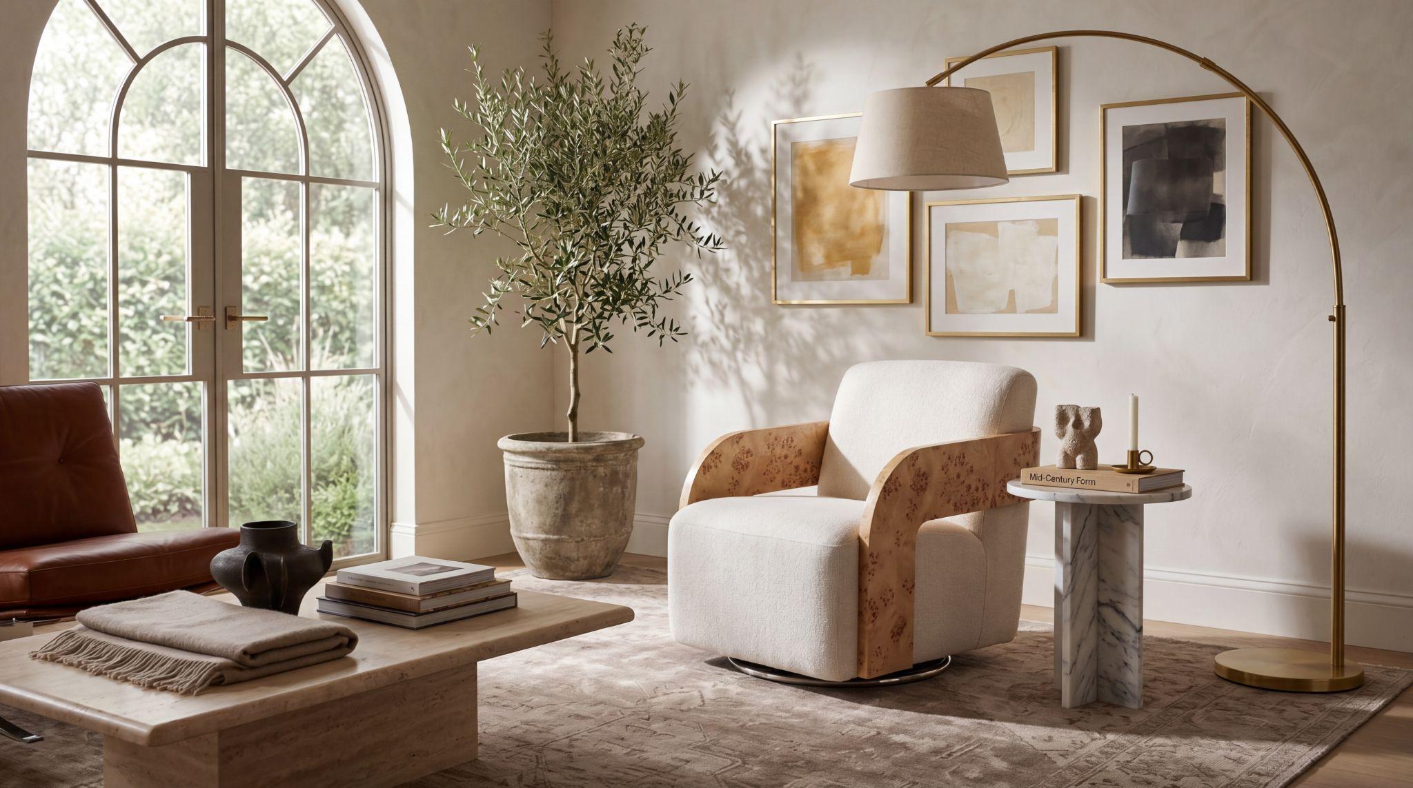 Apartment-scale boucle accent chair in living room with arc floor lamp and gallery wall