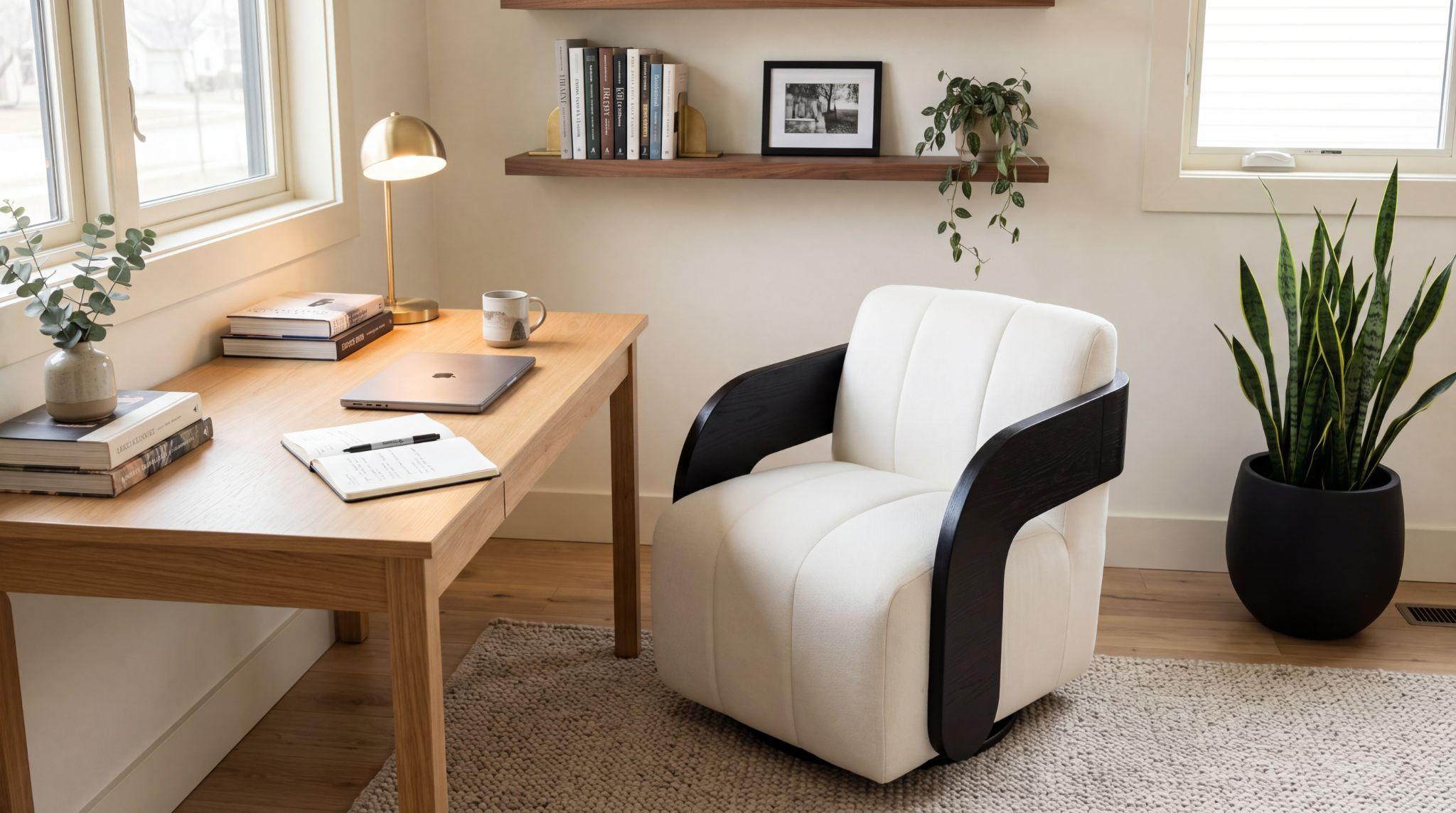 Home office layout with wooden desk and accent chair with proper clearance
