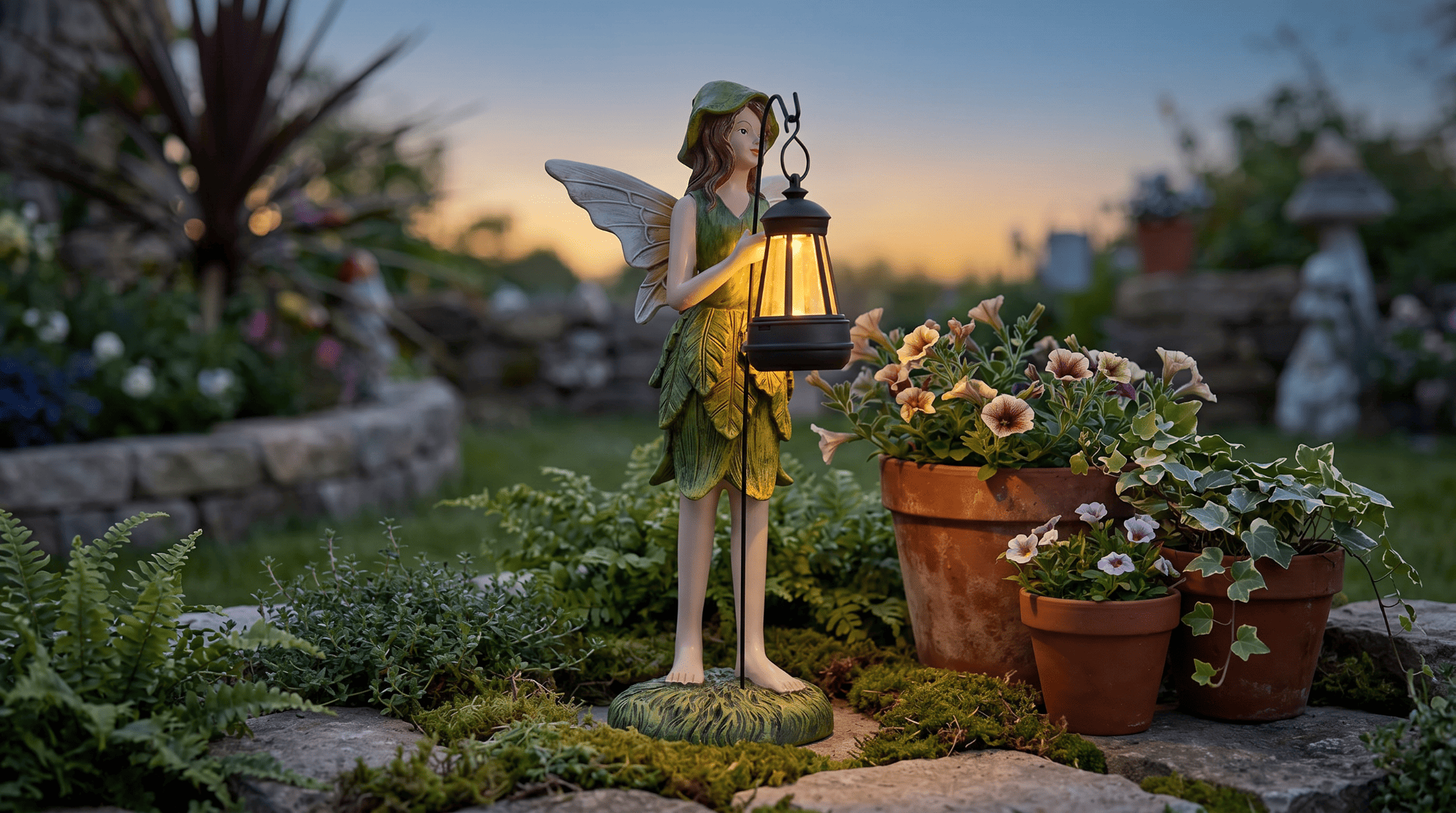 Valfield green fairy garden statue holding a glowing solar lamp in a cottage fairy garden at dusk
