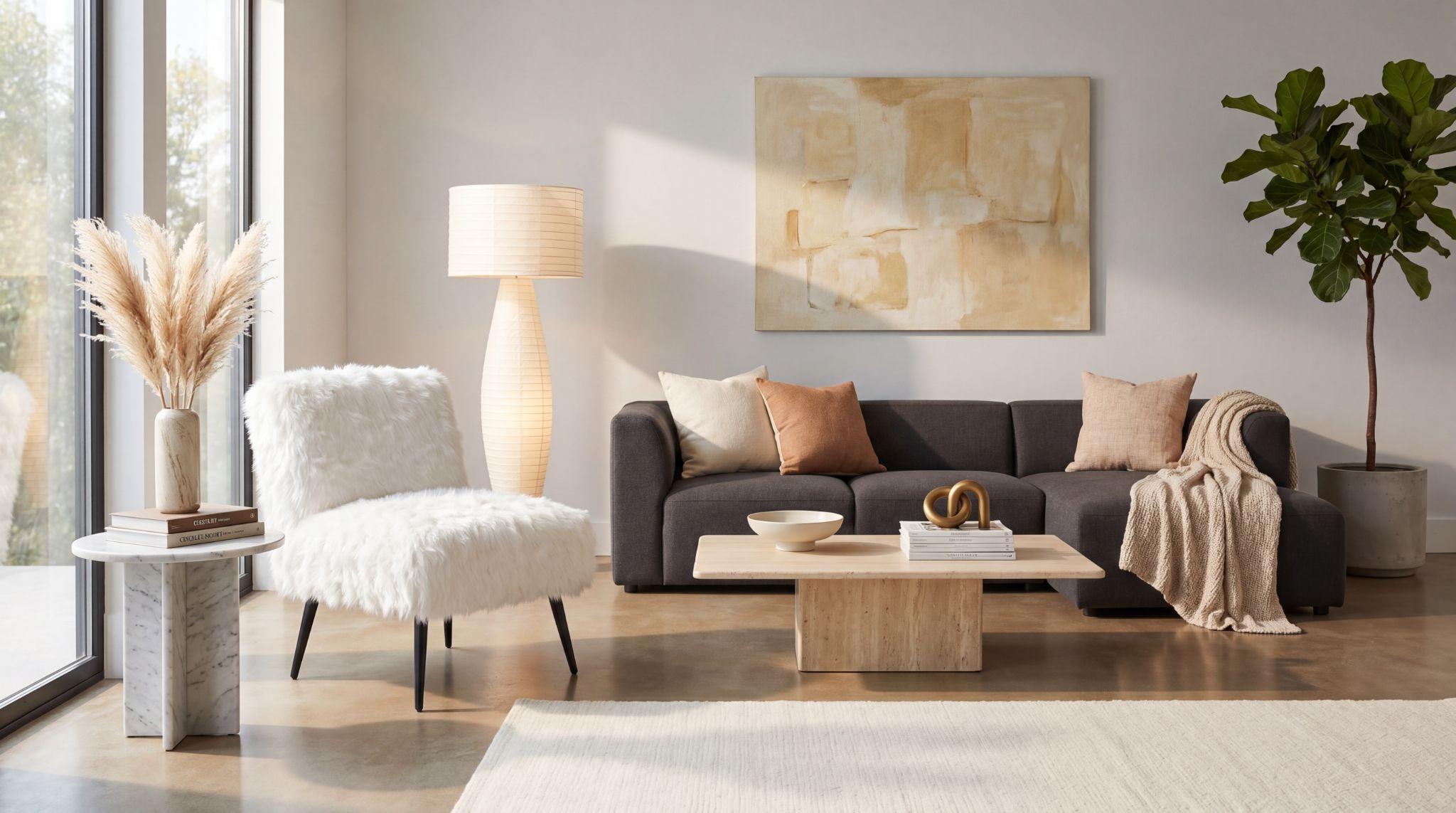 Large living room with sectional sofa, accent chair, and coffee table anchored by area rug