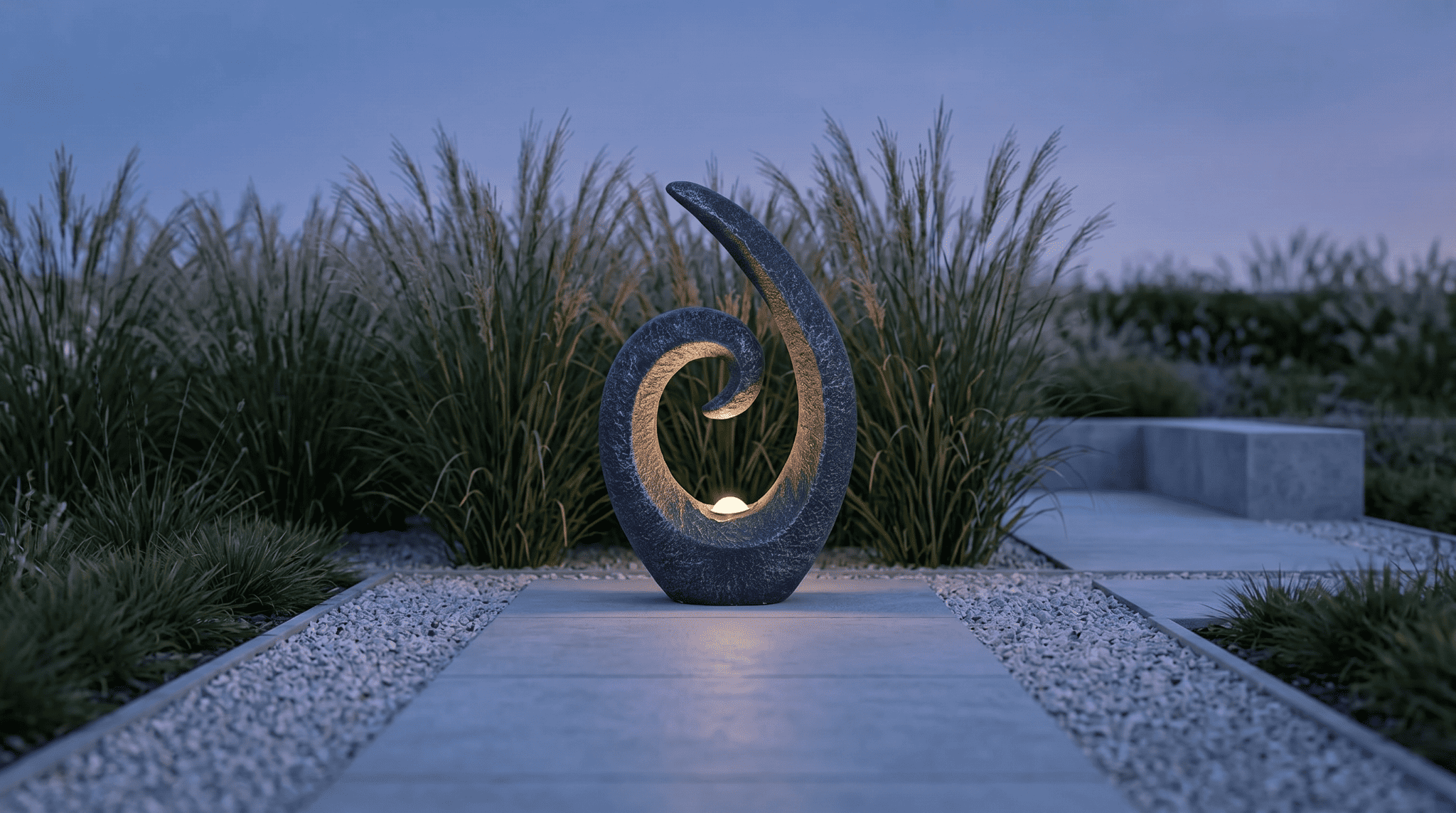 Stoneford gray loopy solar garden statue at the end of a modern minimalist gravel path