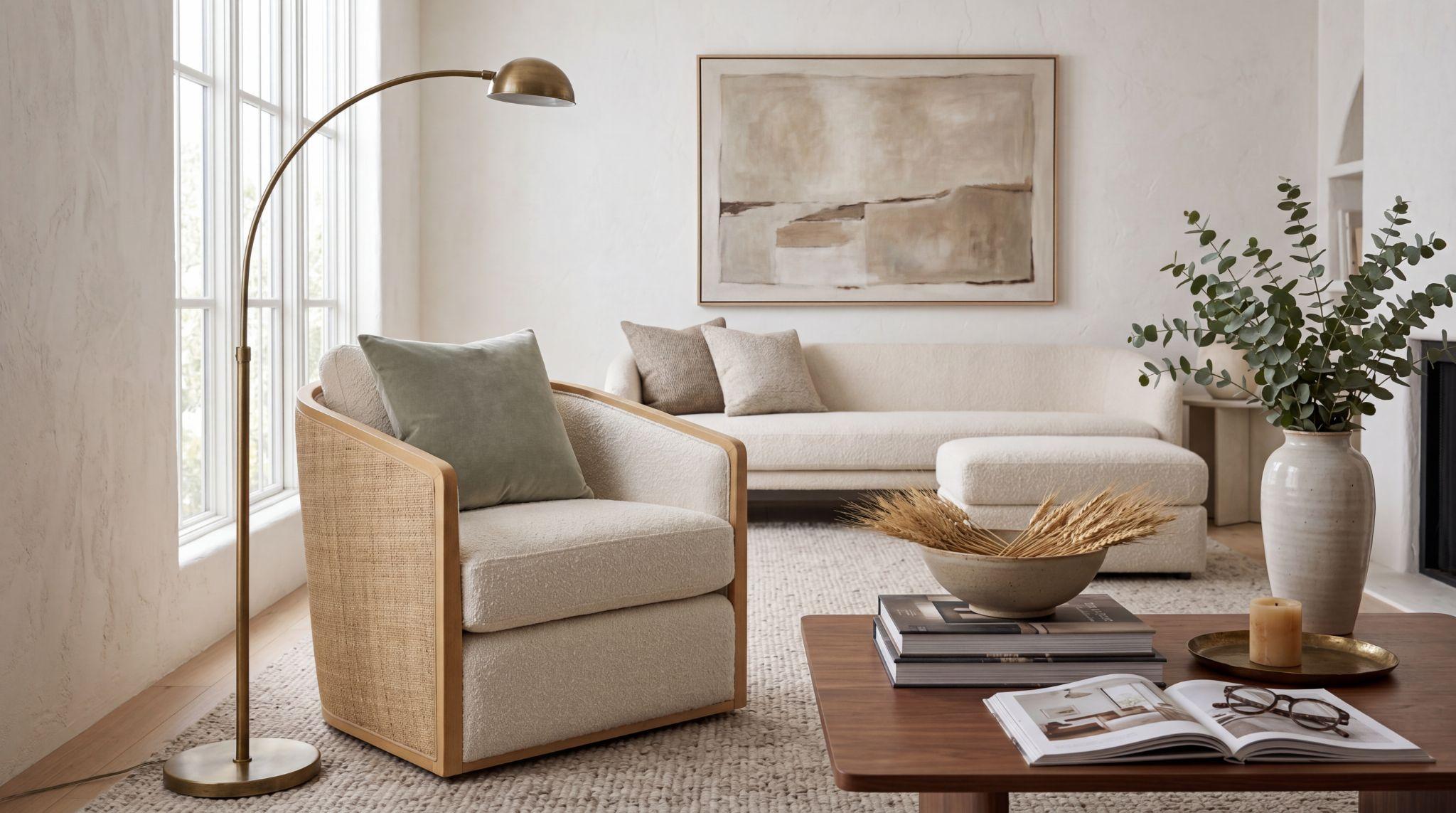Well-scaled living room with sofa, accent chair, and coffee table showing balanced furniture layout