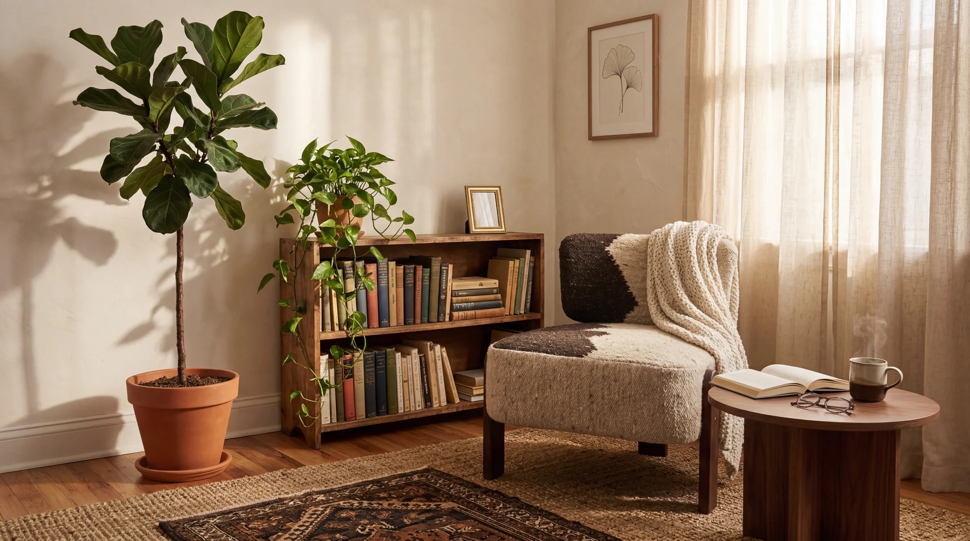 Small living room furniture layout with compact accent chair, bookshelf, and side table