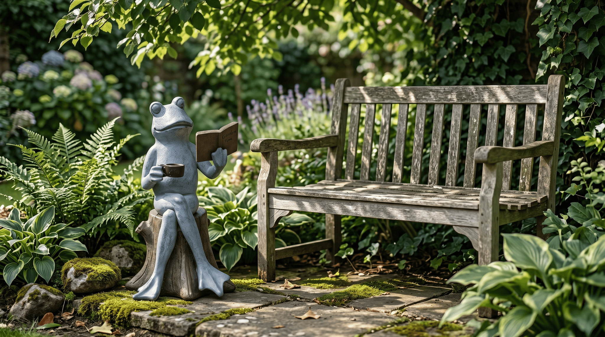 Harlemwood gray frog garden statue reading a book with coffee beside a bench in a shaded cottage garden